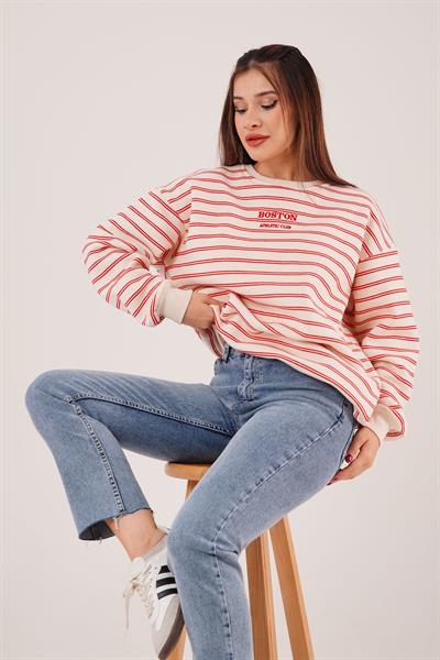 Boston Nakışlı Üç İplik Kırmızı Çizgili Sweatshirt