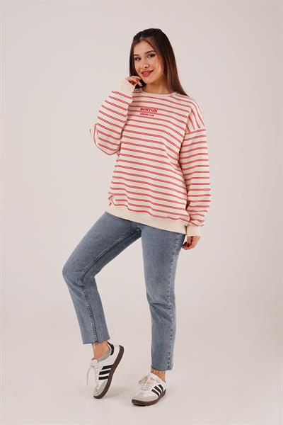 Boston Nakışlı Üç İplik Kırmızı Çizgili Sweatshirt