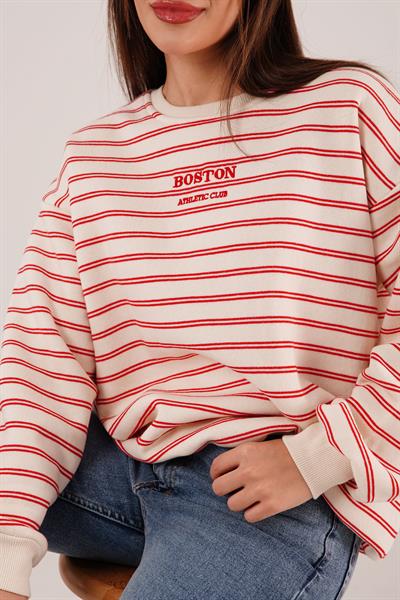 Boston Nakışlı Üç İplik Kırmızı Çizgili Sweatshirt