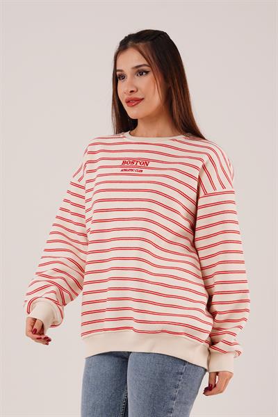 Boston Nakışlı Üç İplik Kırmızı Çizgili Sweatshirt