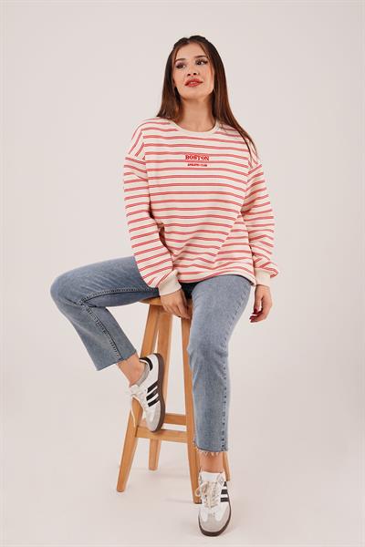 Boston Nakışlı Üç İplik Kırmızı Çizgili Sweatshirt