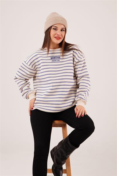 Boston Nakışlı Üç İplik Saks Çizgili Sweatshirt