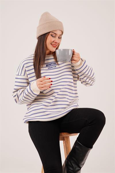 Boston Nakışlı Üç İplik Saks Çizgili Sweatshirt