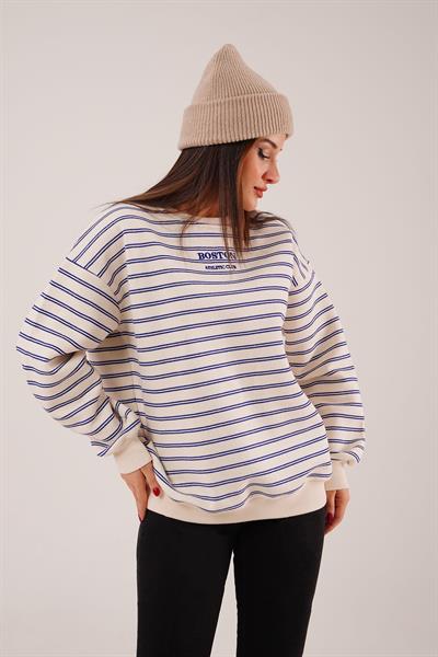 Boston Nakışlı Üç İplik Saks Çizgili Sweatshirt