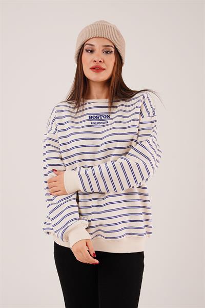 Boston Nakışlı Üç İplik Saks Çizgili Sweatshirt