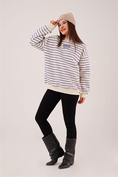 Boston Nakışlı Üç İplik Saks Çizgili Sweatshirt