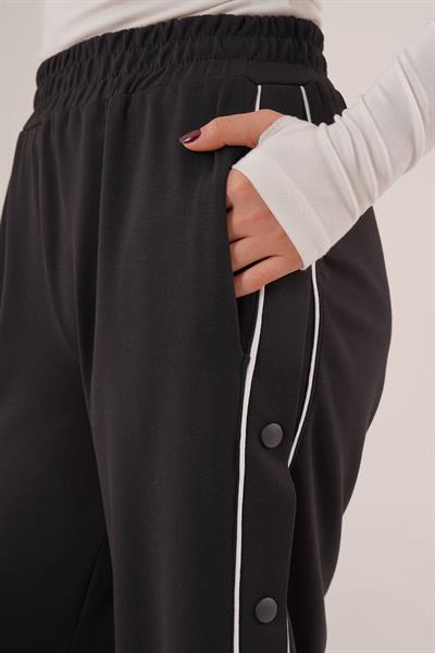 Boydan Çıtçıtlı Bel Lastikli Geniş Paça Siyah Eşofman Altı
