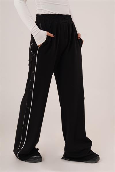 Boydan Çıtçıtlı Bel Lastikli Geniş Paça Siyah Eşofman Altı