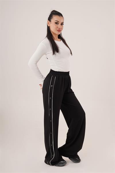 Boydan Çıtçıtlı Bel Lastikli Geniş Paça Siyah Eşofman Altı