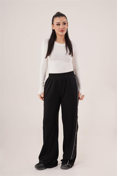 Boydan Çıtçıtlı Bel Lastikli Geniş Paça Siyah Eşofman Altı