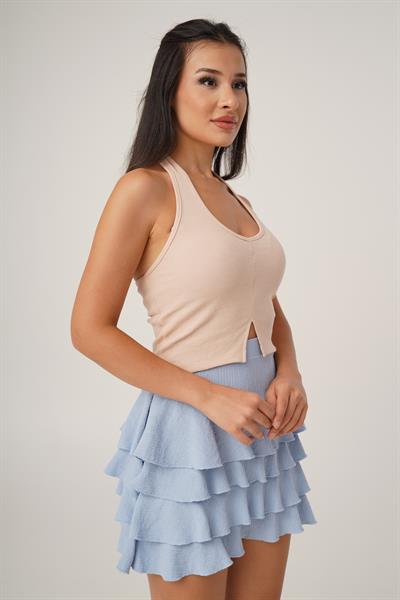 Boyundan Askılı Basic Bej Crop Bluz