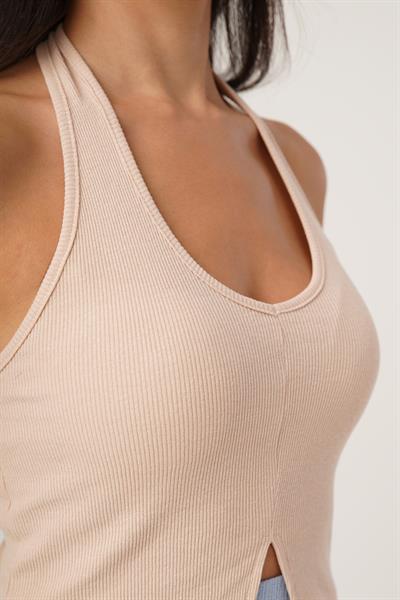 Boyundan Askılı Basic Bej Crop Bluz