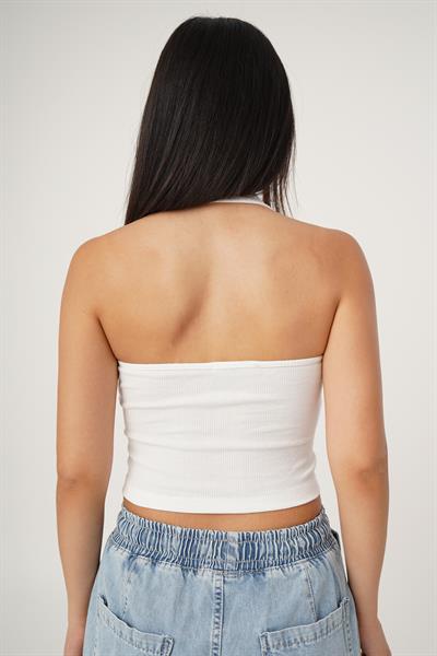 Boyundan Askılı Basic Beyaz Crop Bluz