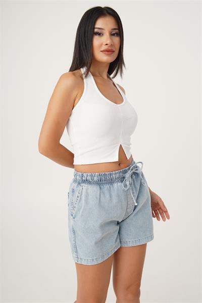 Boyundan Askılı Basic Beyaz Crop Bluz