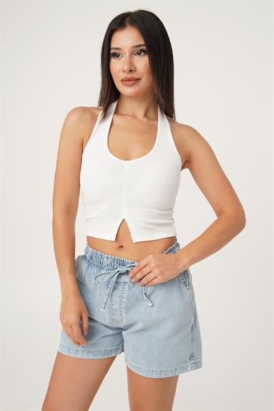 Boyundan Askılı Basic Beyaz Crop Bluz