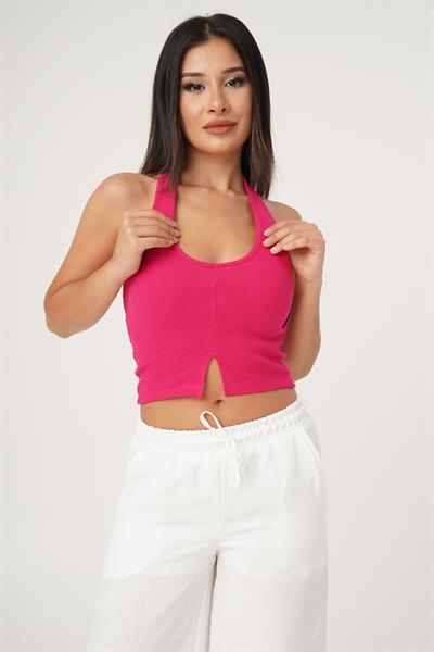 Boyundan Askılı Basic Fuşya Crop Bluz