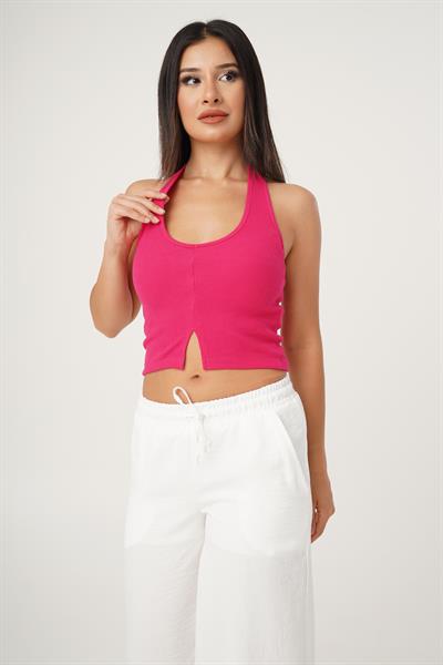 Boyundan Askılı Basic Fuşya Crop Bluz
