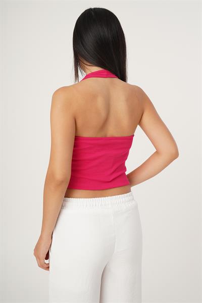 Boyundan Askılı Basic Fuşya Crop Bluz