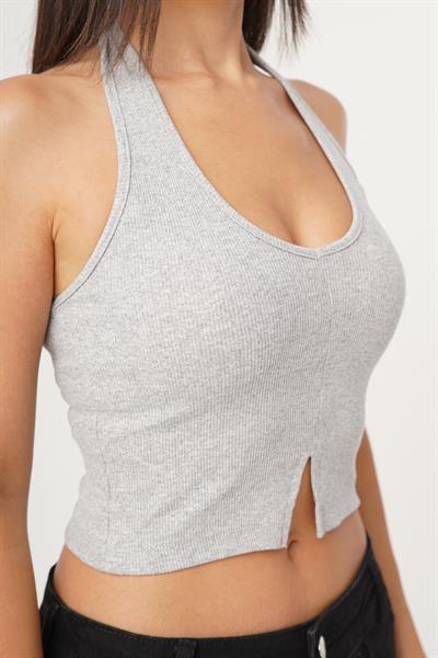 Boyundan Askılı Basic Gri Crop Bluz