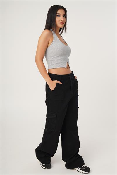 Boyundan Askılı Basic Gri Crop Bluz