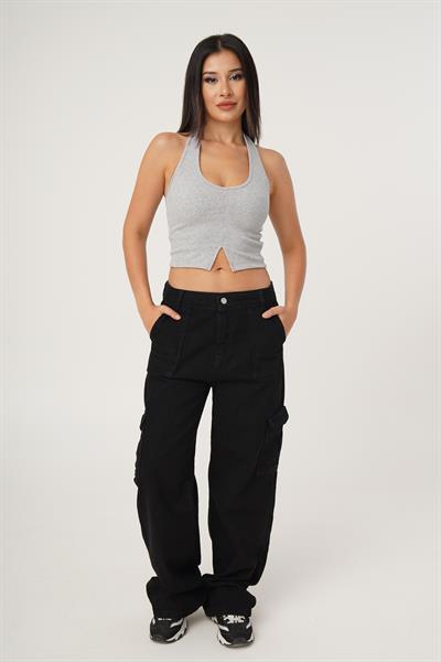 Boyundan Askılı Basic Gri Crop Bluz