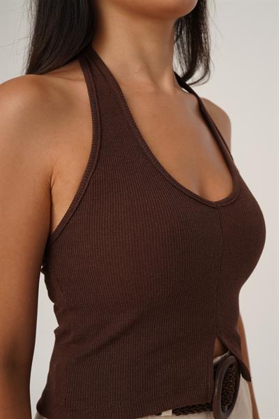 Boyundan Askılı Basic Kahve Crop Bluz