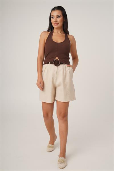 Boyundan Askılı Basic Kahve Crop Bluz