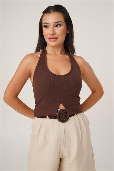 Boyundan Askılı Basic Kahve Crop Bluz