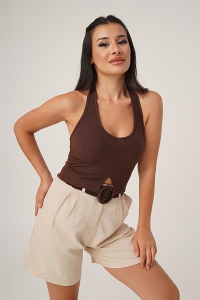 Boyundan Askılı Basic Kahve Crop Bluz