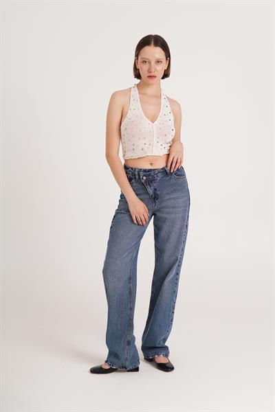 Boyundan Bağlamalı Taşlı Bej Crop