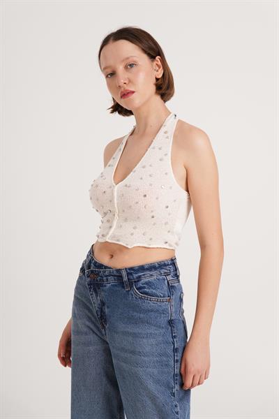 Boyundan Bağlamalı Taşlı Bej Crop