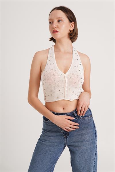 Boyundan Bağlamalı Taşlı Bej Crop