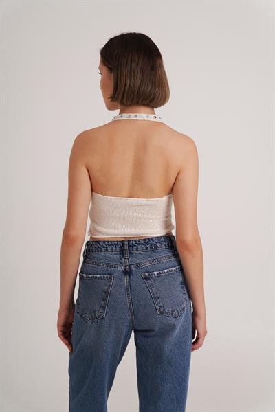 Boyundan Bağlamalı Taşlı Bej Crop