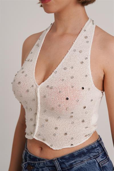 Boyundan Bağlamalı Taşlı Bej Crop