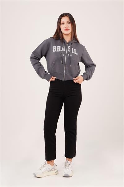Brasil Baskılı İçi Pamuklu Fermuarlı Antrasit Sweatshirt
