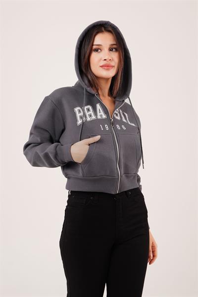 Brasil Baskılı İçi Pamuklu Fermuarlı Antrasit Sweatshirt