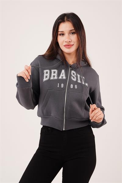 Brasil Baskılı İçi Pamuklu Fermuarlı Antrasit Sweatshirt