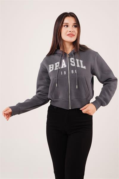Brasil Baskılı İçi Pamuklu Fermuarlı Antrasit Sweatshirt