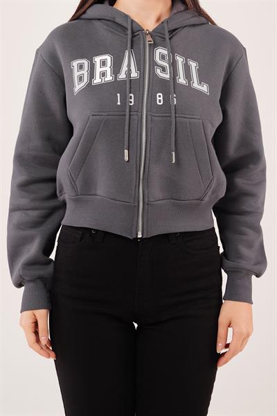 Brasil Baskılı İçi Pamuklu Fermuarlı Antrasit Sweatshirt