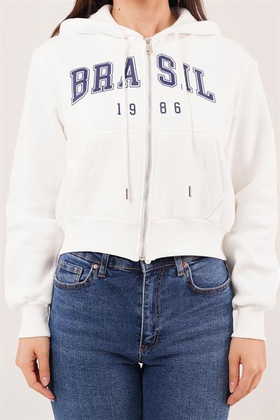 Brasil Baskılı İçi Pamuklu Fermuarlı Beyaz Sweatshirt