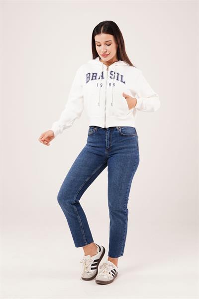 Brasil Baskılı İçi Pamuklu Fermuarlı Beyaz Sweatshirt