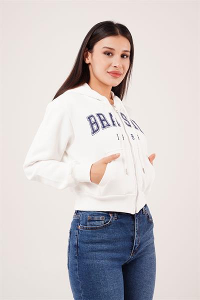 Brasil Baskılı İçi Pamuklu Fermuarlı Beyaz Sweatshirt