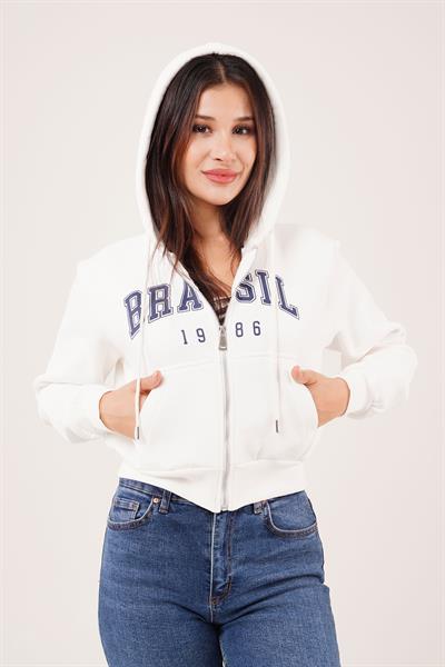 Brasil Baskılı İçi Pamuklu Fermuarlı Beyaz Sweatshirt