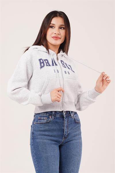 Brasil Baskılı İçi Pamuklu Fermuarlı Gri Sweatshirt
