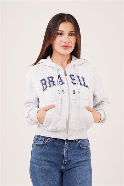 Brasil Baskılı İçi Pamuklu Fermuarlı Gri Sweatshirt