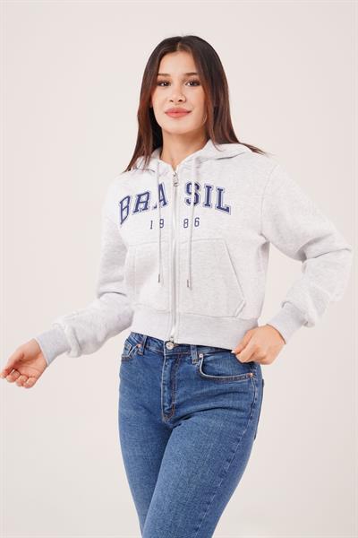 Brasil Baskılı İçi Pamuklu Fermuarlı Gri Sweatshirt