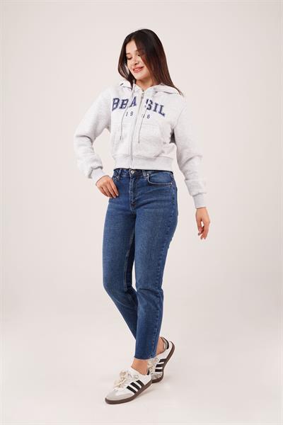 Brasil Baskılı İçi Pamuklu Fermuarlı Gri Sweatshirt
