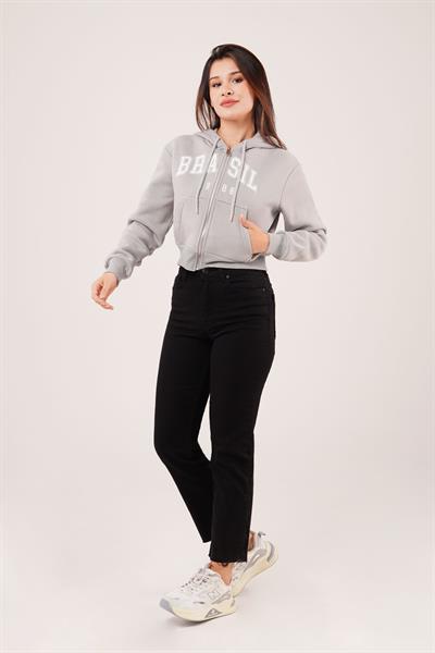 Brasil Baskılı İçi Pamuklu Fermuarlı Koyu Gri Sweatshirt