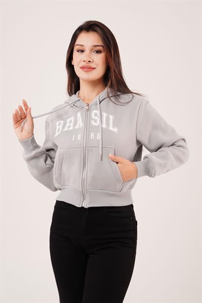 Brasil Baskılı İçi Pamuklu Fermuarlı Koyu Gri Sweatshirt