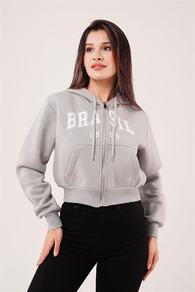 Brasil Baskılı İçi Pamuklu Fermuarlı Koyu Gri Sweatshirt